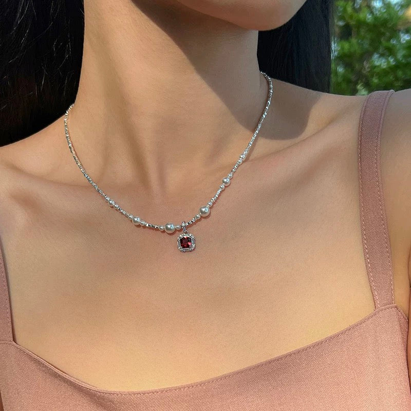 Pure Silver Pearl Ruby Pendant Necklace