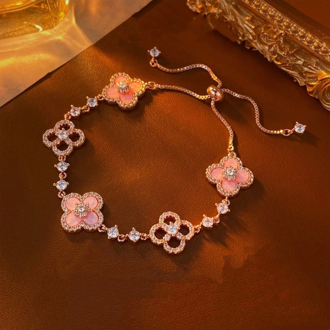 Pink Fritillaria  Four Leaf Clover Adjustable Bracelet