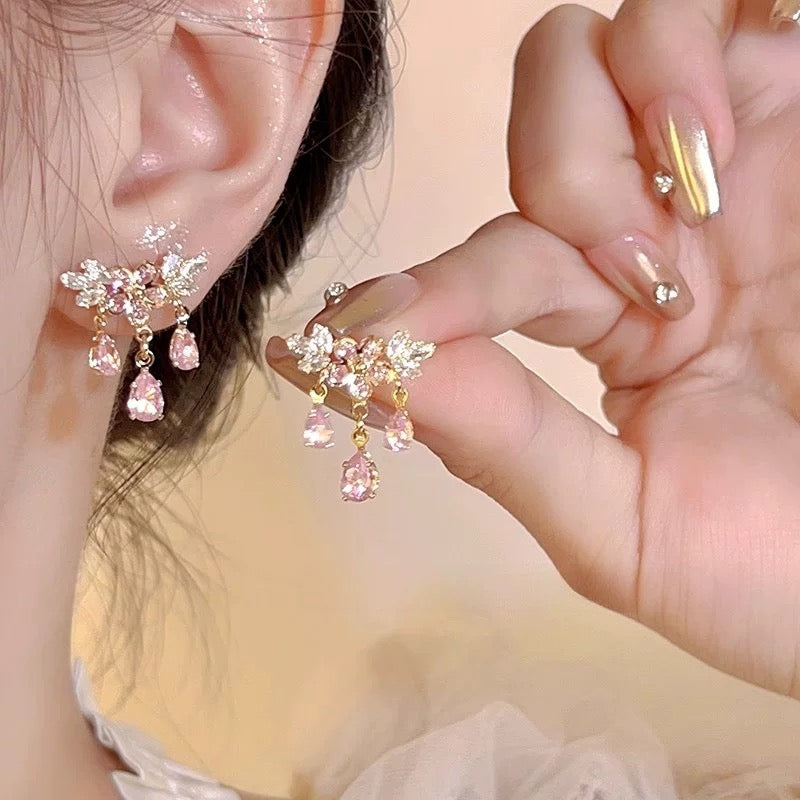 Pink Flower Water Droplet Tassel Earrings