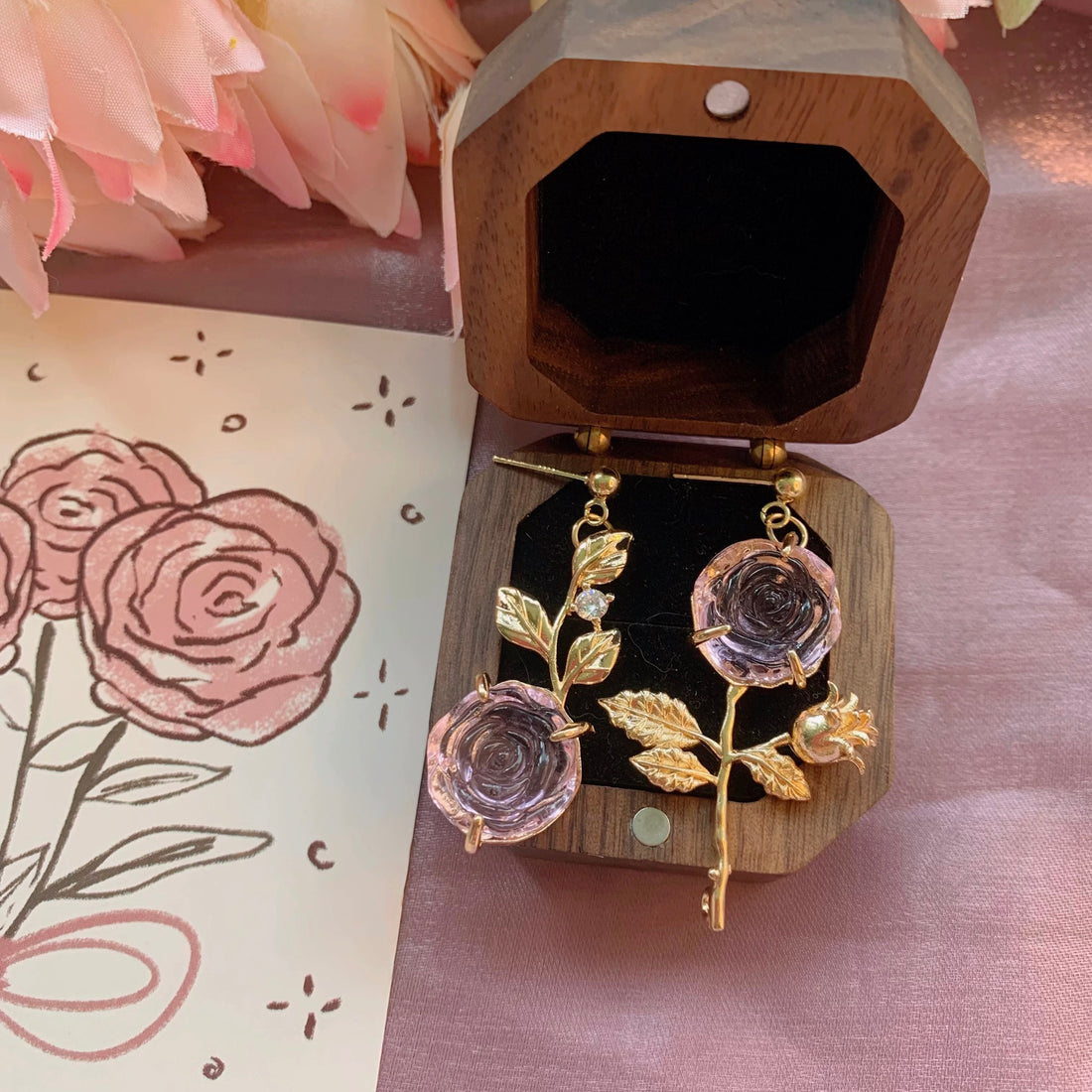 Asymmetric Crystal Pink Rose Earrings