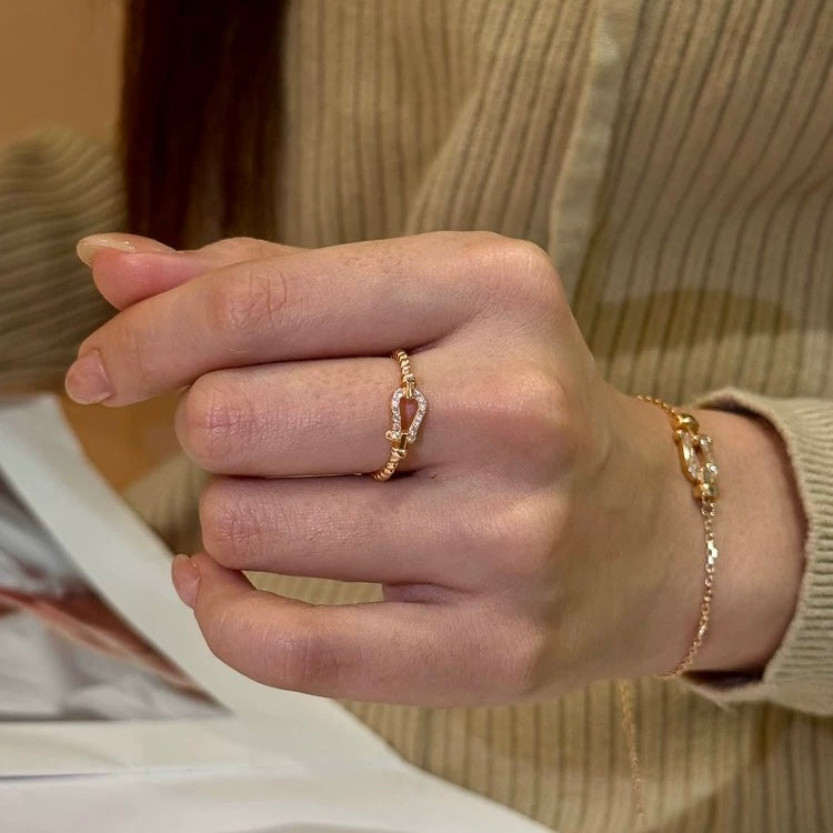 18K Golden Horseshoe Buckle Diamond Set Open Ring