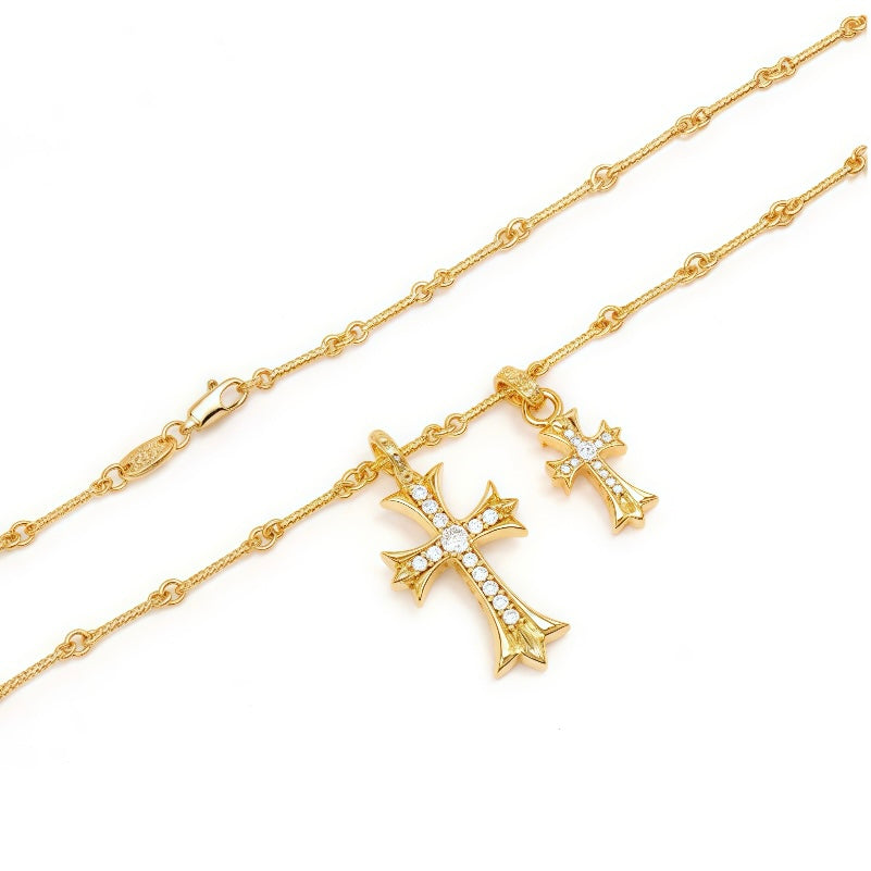 Golden Diamond Studded Double Cross Necklace