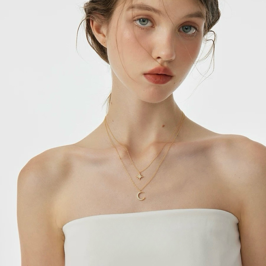 18K Gold Star Moon Pendant Double Layer Necklace