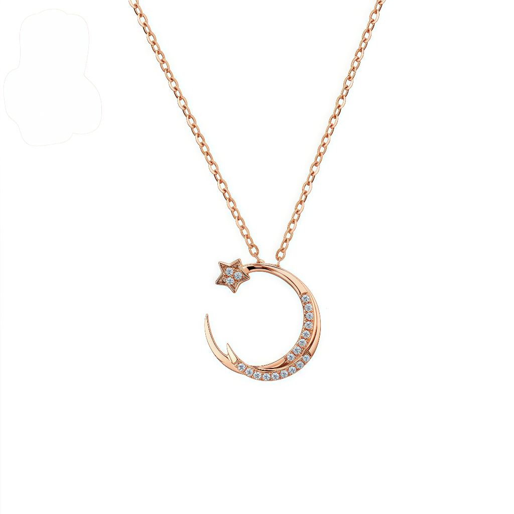 18K Gold Double Moon Star Studded Diamond Necklace