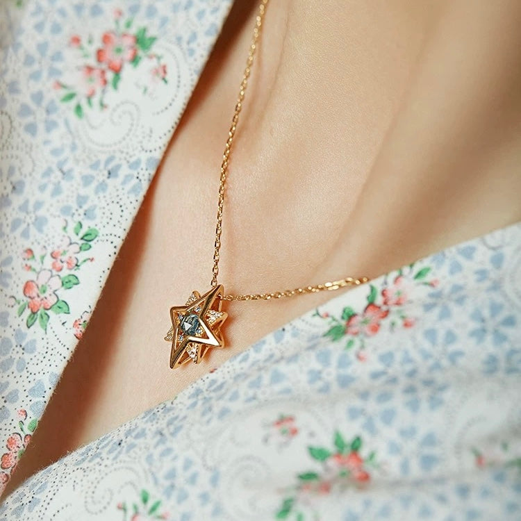 18K Gold Blue Topaz Octagonal Star Pendant Necklace