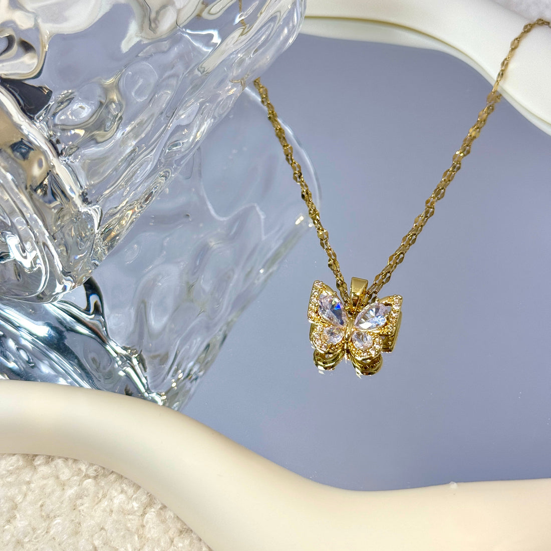 Titanium Steel Diamond Encrusted Butterfly Necklace