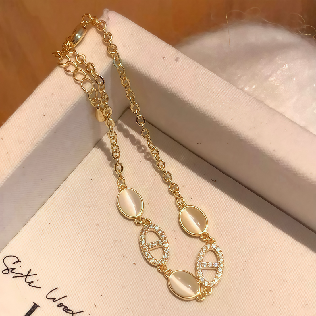 Oval Cat Eye Stone Diamond Encrusted Bracelet