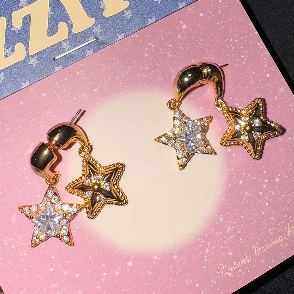 18K Gold Double-Layer 3D Star Earrings With Pavé Diamonds