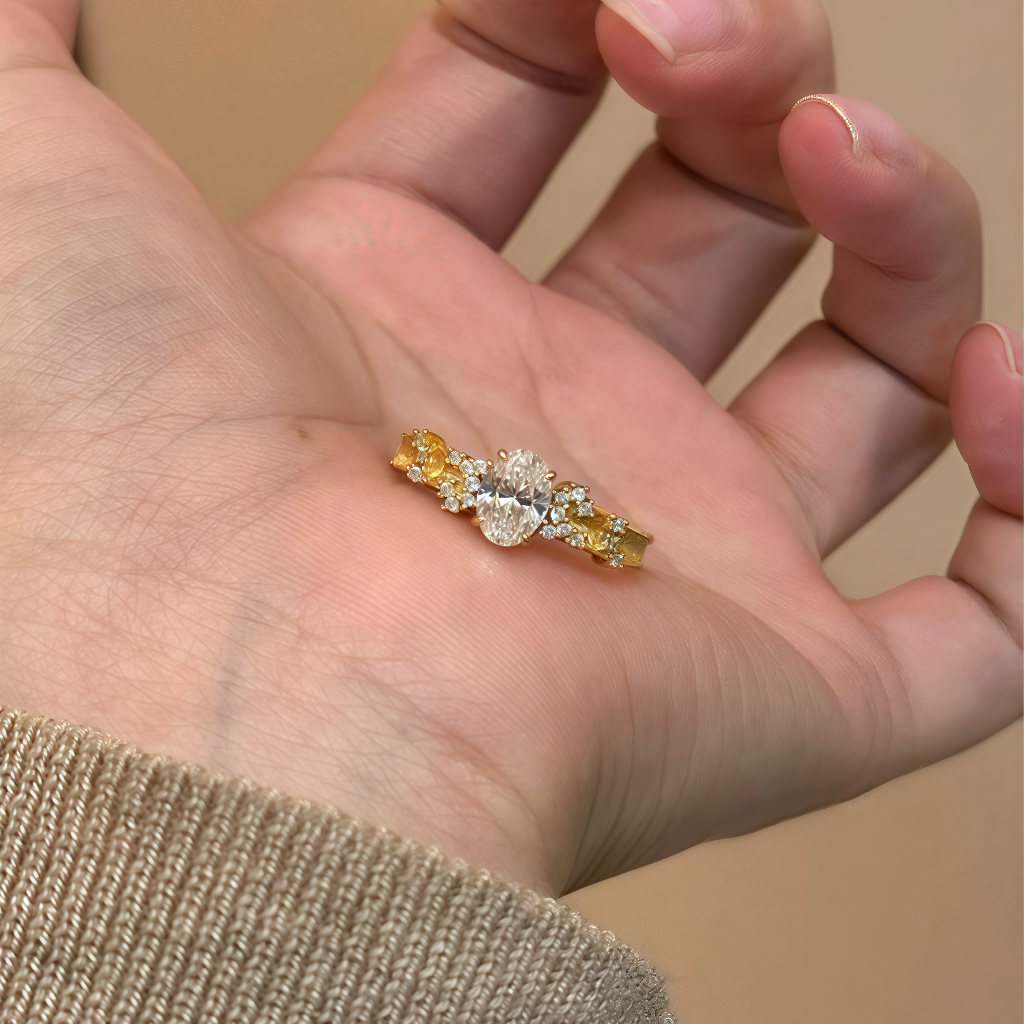 18K Gold Oval Solitaire Diamond Flash Ring with Open Shank