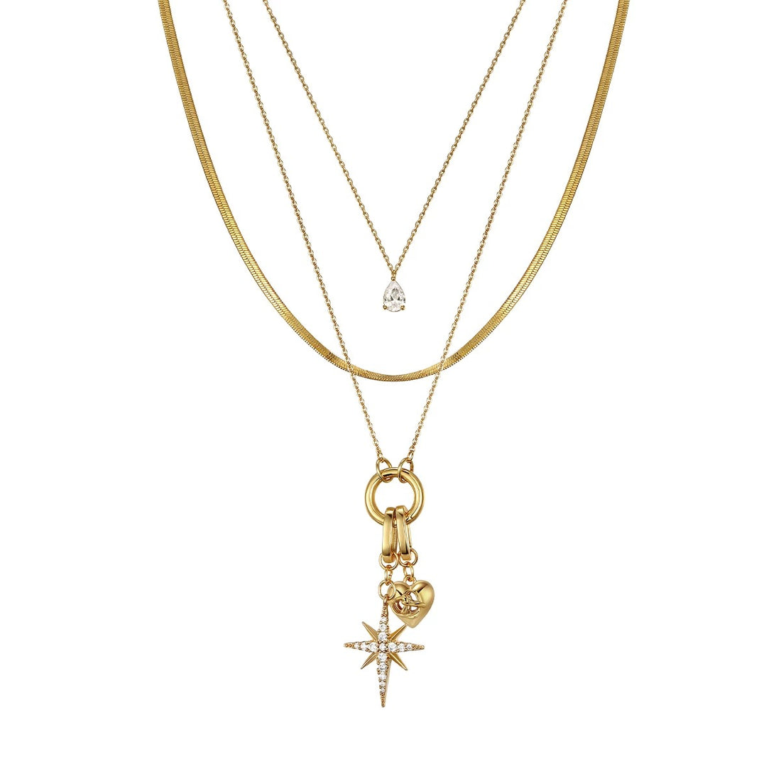 18K Gold Triple-Layer Octagram Pendant Necklace With Interlocking Love Motifs