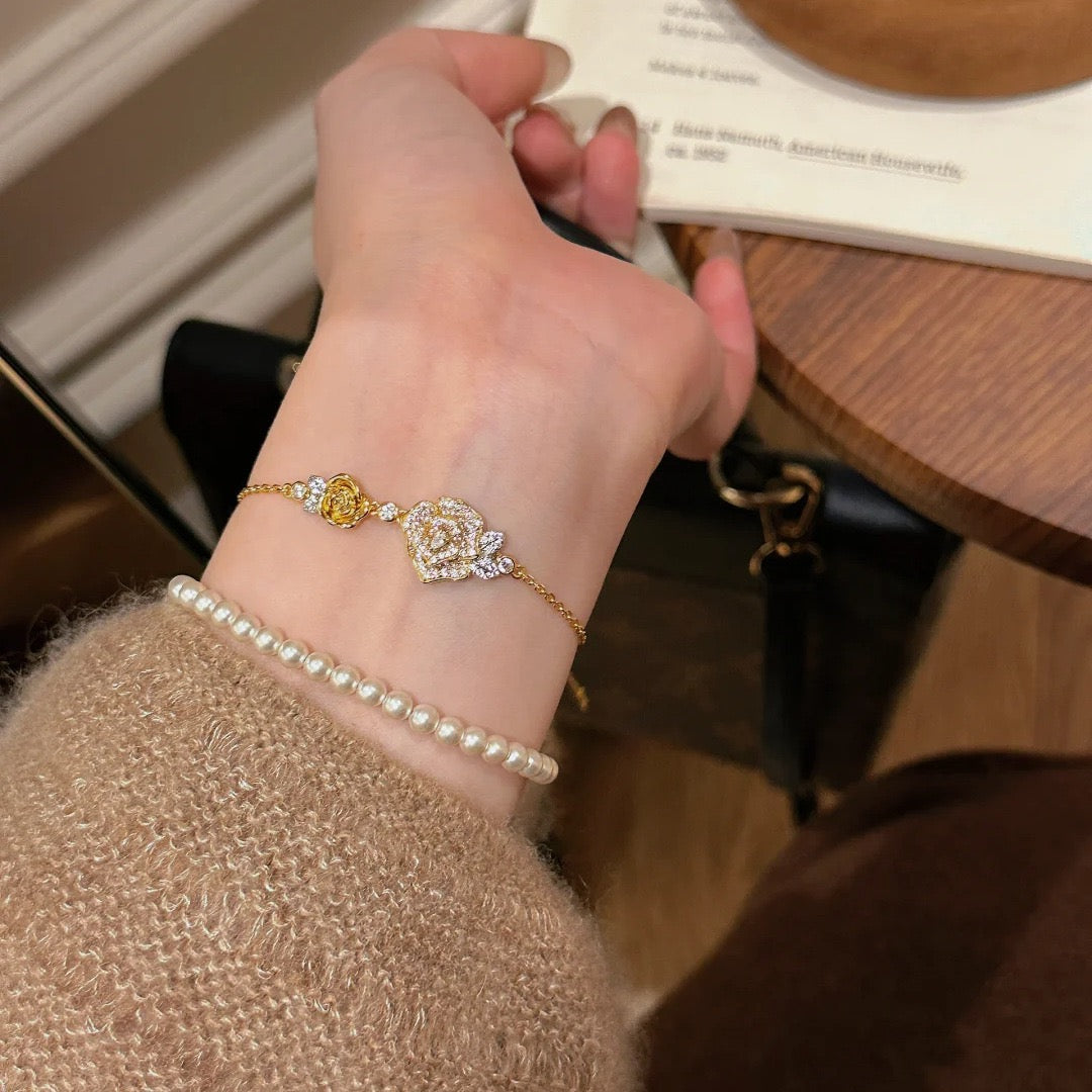 18K Gold Twin Roses Bracelet With Full-Pavé Cubic Zirconia