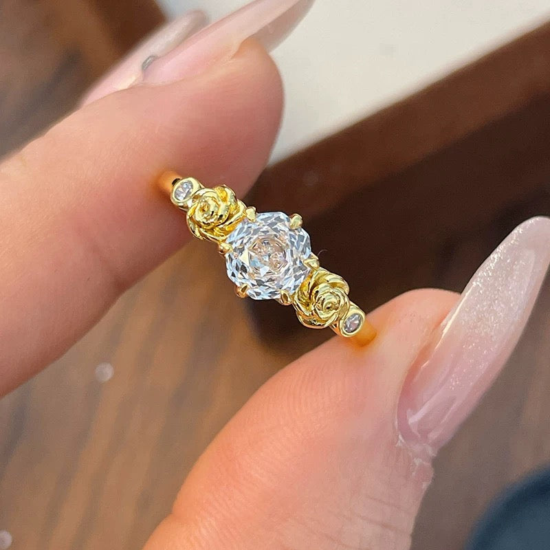 18K Gold Rose Motif Six-Prong Solitaire Ring