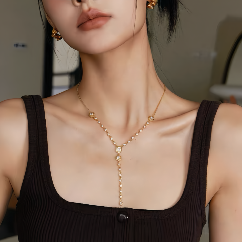 18K Gold Oval CZ Y Necklace