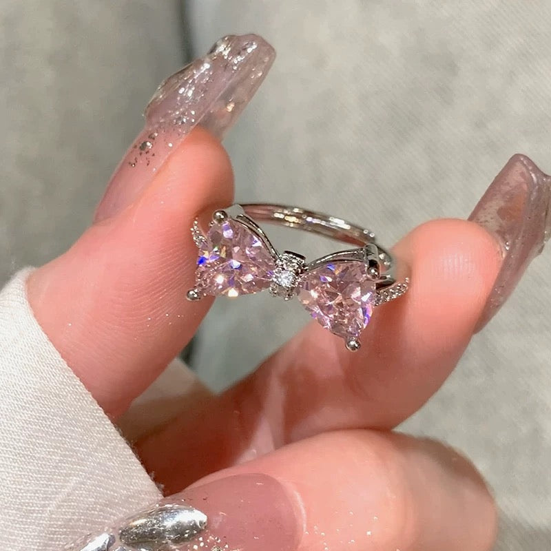 Pink Crystal Bow Knot Open Diamond Ring