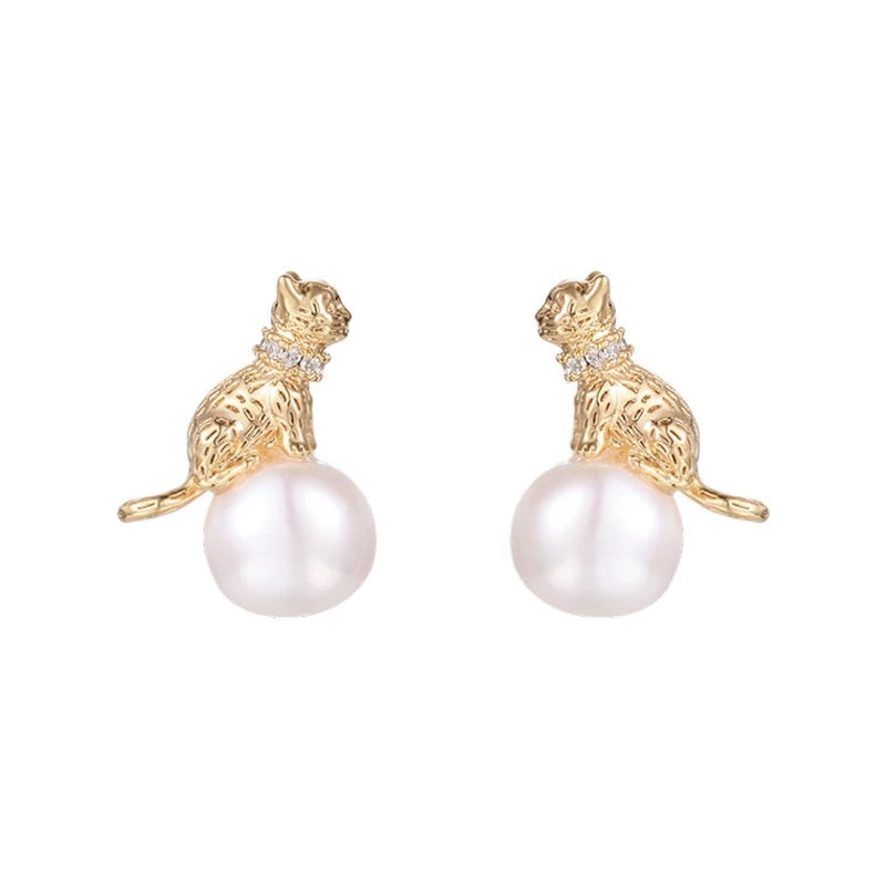 14K Gold Plated Cat Pearl Earrings