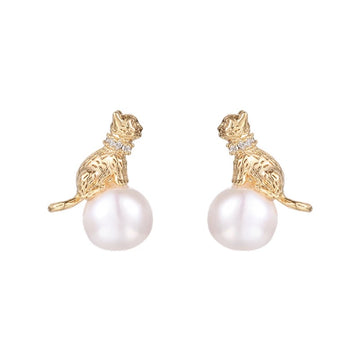 14K Gold Plated Cat Pearl Earrings