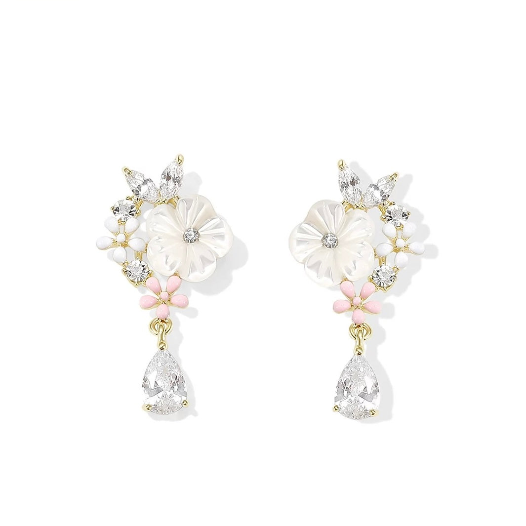 Shell Flower Diamond Pendant Earrings