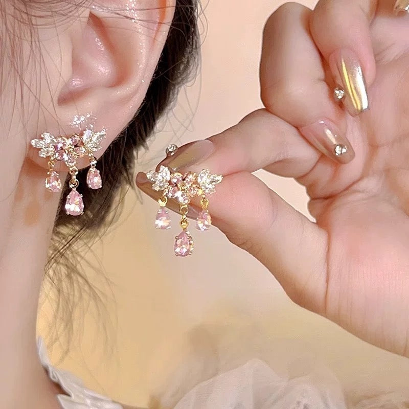 Pink Flower Water Droplet Tassel Earrings