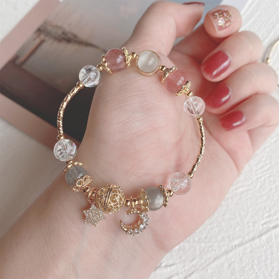 Strawberry Crystal Star Moon Bracelet