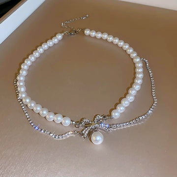 Wedding Double Layer Pearl Bow Pendant Necklace